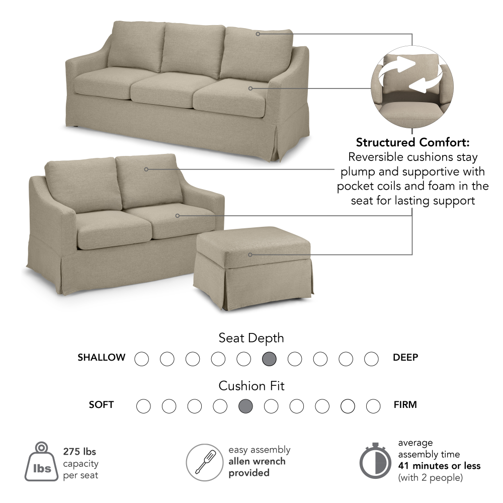 Shop Bush Home Harper 80W Sofa, 57W Loveseat, and Storage Ottoman with Slipcovers, Image 06, HAR005SDB, #color_sand basketweave fabric