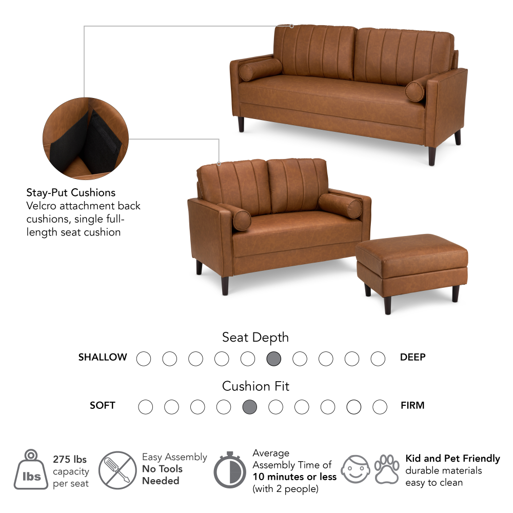 Shop Bush Home Max 77W Sofa, 54W Loveseat, and Storage Ottoman, Image 06, MAX005BCL, #color_buffed camel leather