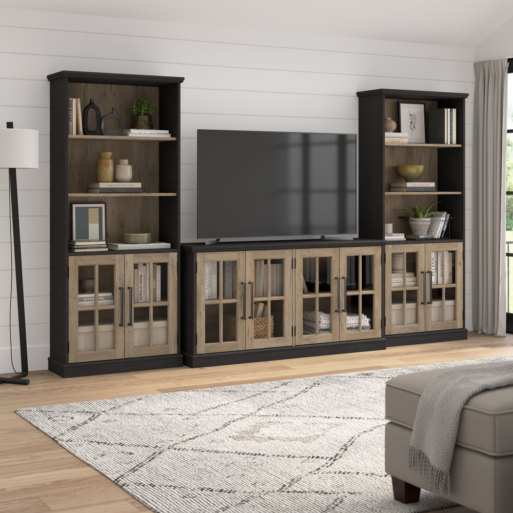 Shop Bush Furniture Westbrook 60W TV Stand for 75 Inch TV and Bookcases with Glass Doors, Image 02, WBK014V2R, #color_vintage black/restored tan hickory