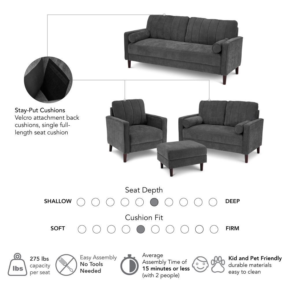 Shop Bush Home Max 77W Sofa, 54W Loveseat, 32W Accent Chair, and Storage Ottoman, Image 06, MAX007IGC, #color_iron gray chenille fabric
