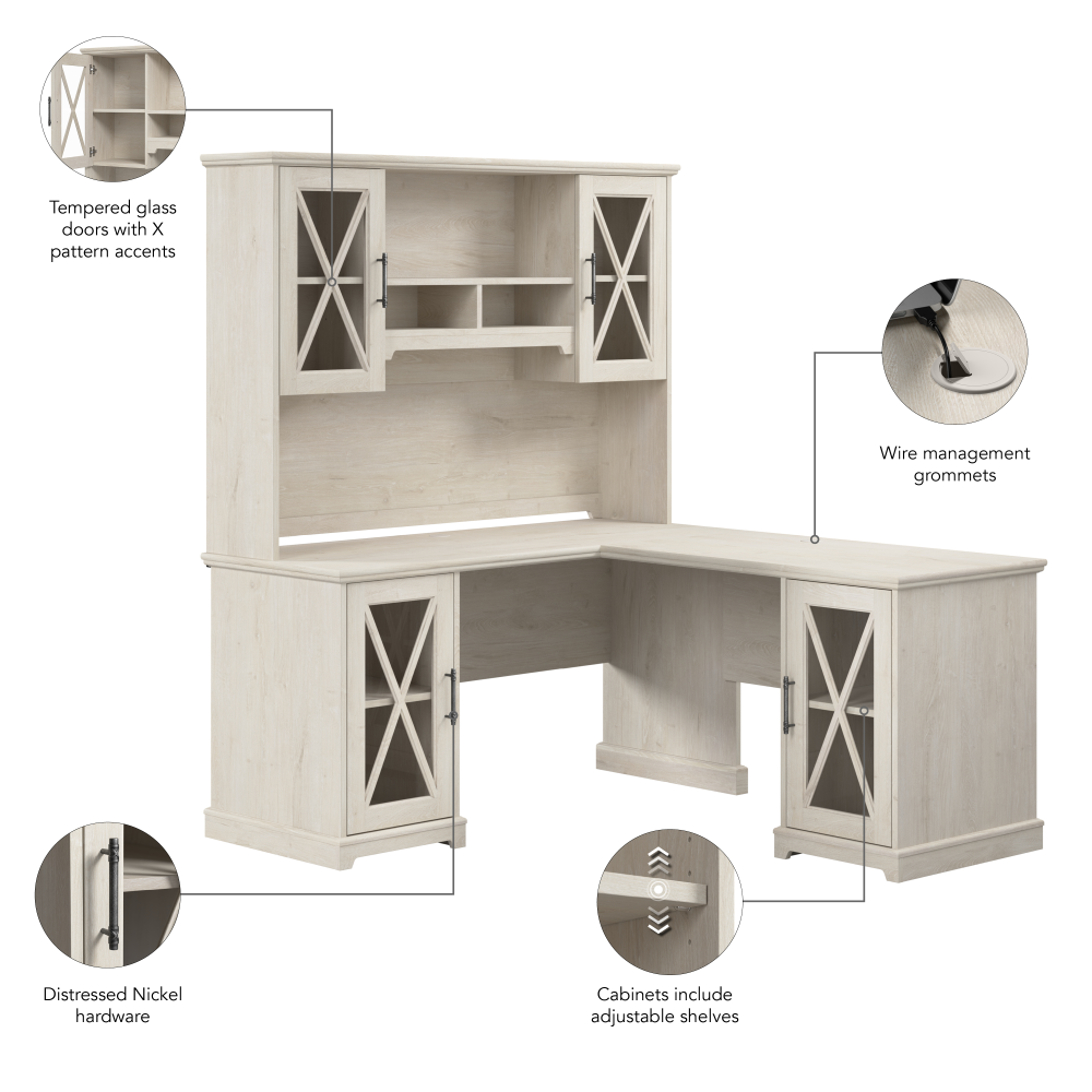 Shop Bush Furniture Lennox 60W Farmhouse L Shaped Desk with Hutch and Storage Cabinets, Image 07, LEN005LW, #color_linen white oak