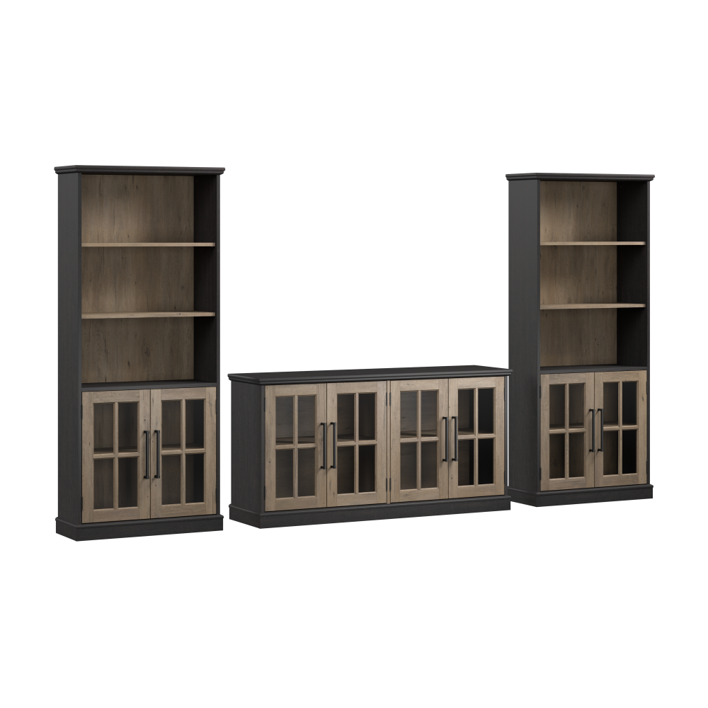 Shop Bush Furniture Westbrook 60W TV Stand for 75 Inch TV and Bookcases with Glass Doors, Image 01, WBK014V2R, #color_vintage black/restored tan hickory