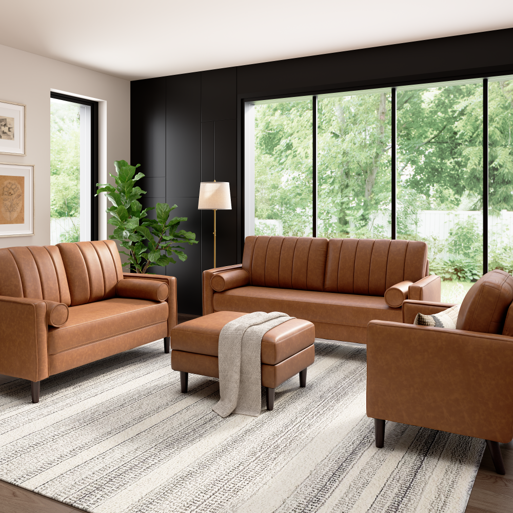 Shop Bush Home Max 77W Sofa, 54W Loveseat, 32W Accent Chair, and Storage Ottoman, Image 02, MAX007BCL, #color_buffed camel leather