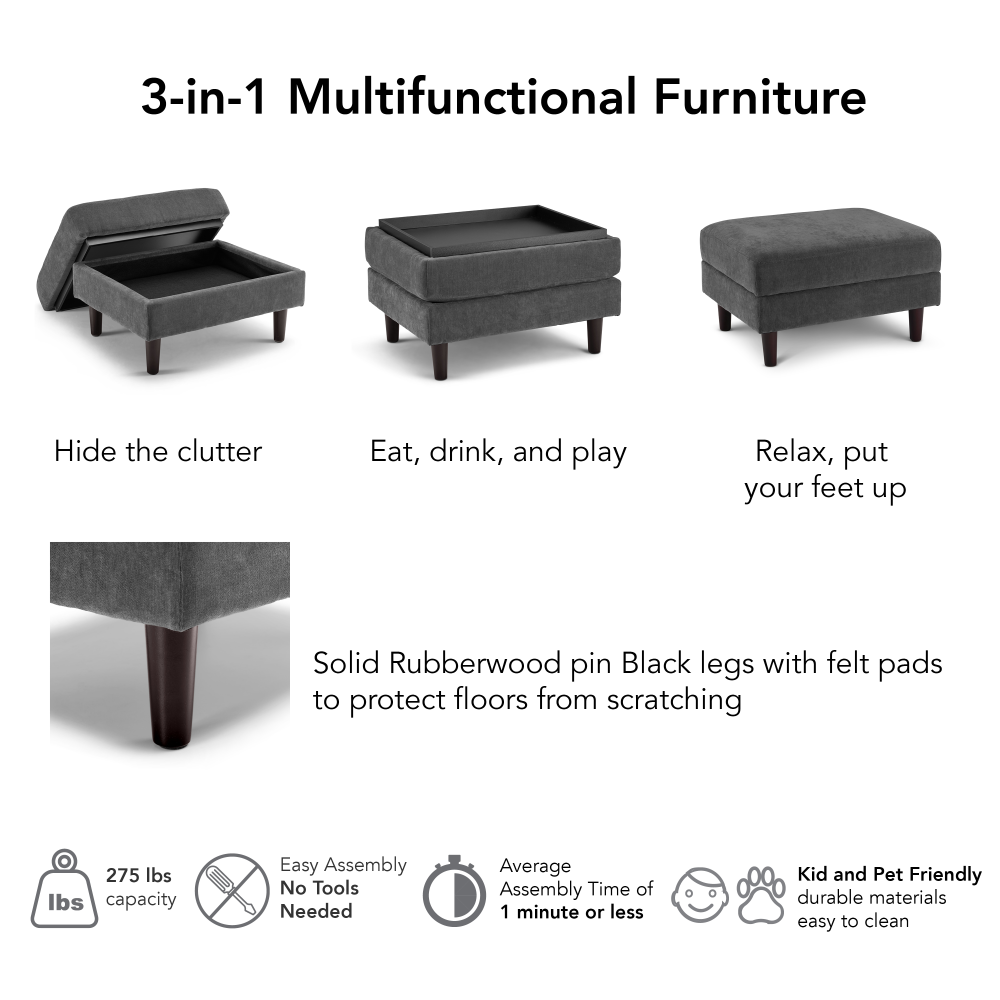 Shop Bush Home Max Storage Ottoman with Tray, Image 06, MXO130IGC-03, #color_iron gray chenille fabric