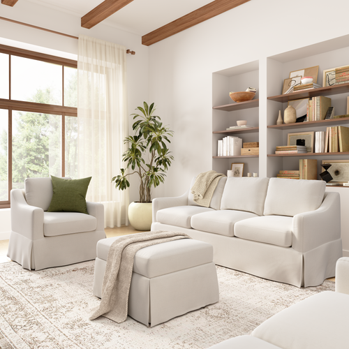 Shop Bush Home Harper 80W Sofa, Swivel Accent Chair, and Storage Ottoman with Slipcovers, Image 02, HAR006IYB, #color_ivory basketweave fabric