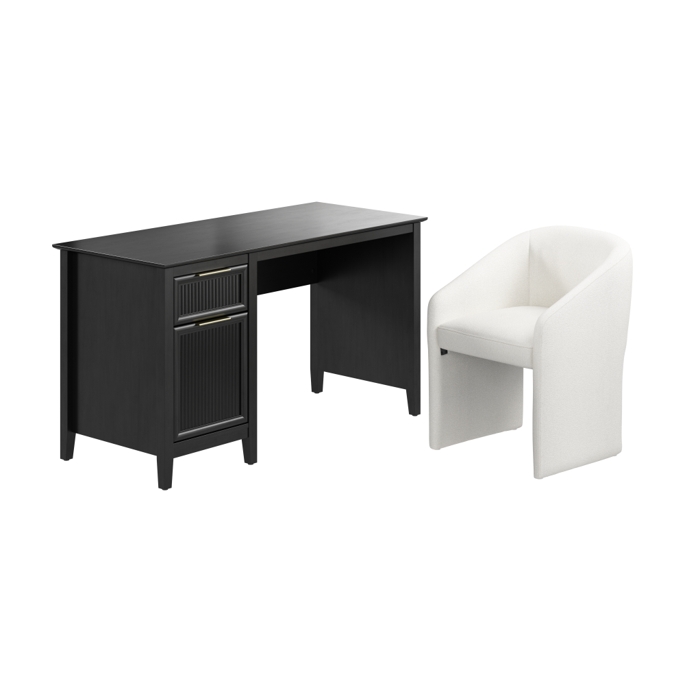 Shop Bush Home Camille 54W Fluted Office Desk with Storage and Mid Back Barrel Office Chair, Image 01, CML007OB, #color_onyx birch/light cream fabric