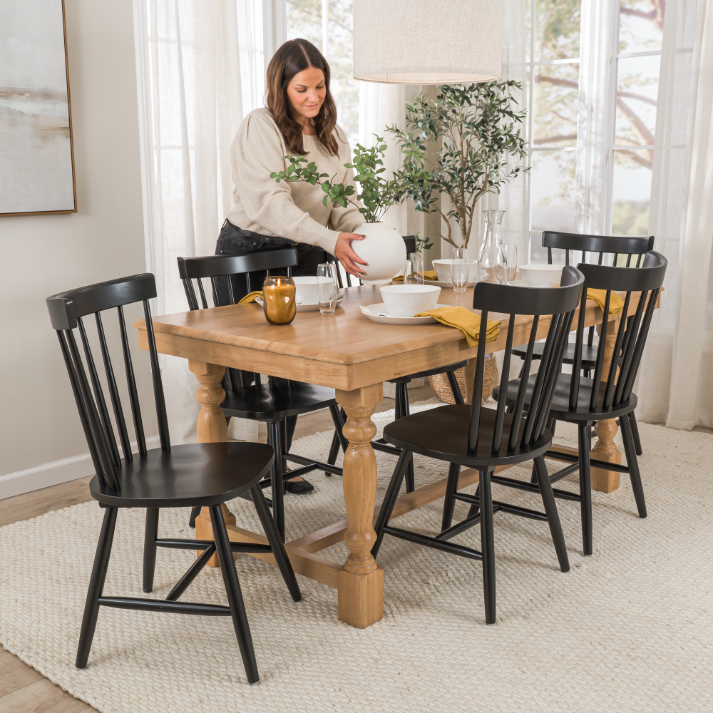 Shop Bush Furniture Sterling 67W Squire Trestle Dining Table with 6 High Back Spindle Dining Chairs, Image 03, STL002NHS, #color_natural honey brown/black paint