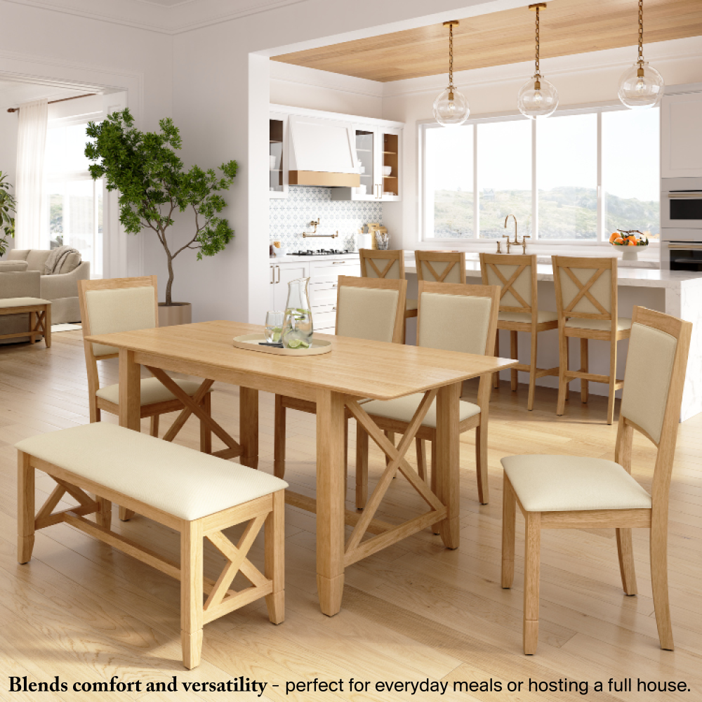 Shop Bush Home Key West 70W Cross Base Dining Table with 6 Upholstered Cross Back Chairs, Image 03, KWS113BO, #color_blonde oak/bright beige