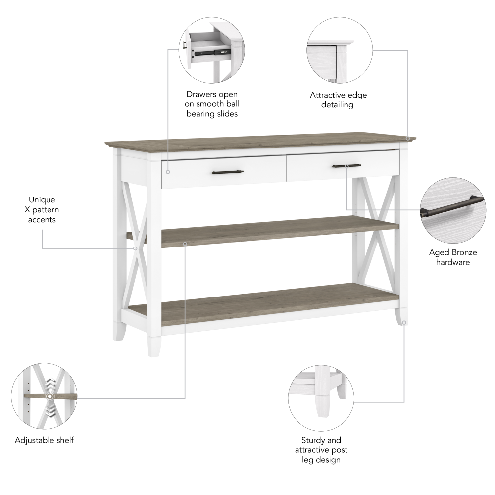Shop Bush Furniture Key West Console Table with Drawers and Shelves, Image 07, KWT248G2W-03, #color_shiplap gray/pure white