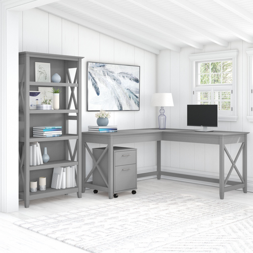 Shop Bush Furniture Key West 60W L Shaped Desk with 2 Drawer Mobile File Cabinet and 5 Shelf Bookcase, Image 02, KWS016CG, #color_cape cod gray