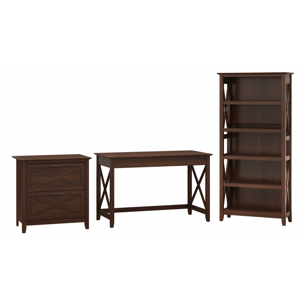Shop Bush Furniture Key West 48W Writing Desk with 2 Drawer Lateral File Cabinet and 5 Shelf Bookcase, Image 01, KWS004BC, #color_bing cherry