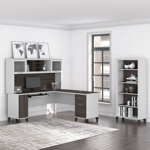 Shop Bush Furniture Somerset 72W L Shaped Desk with Hutch and 5 Shelf Bookcase, Image 02, SET011SGWH, #color_storm gray/white