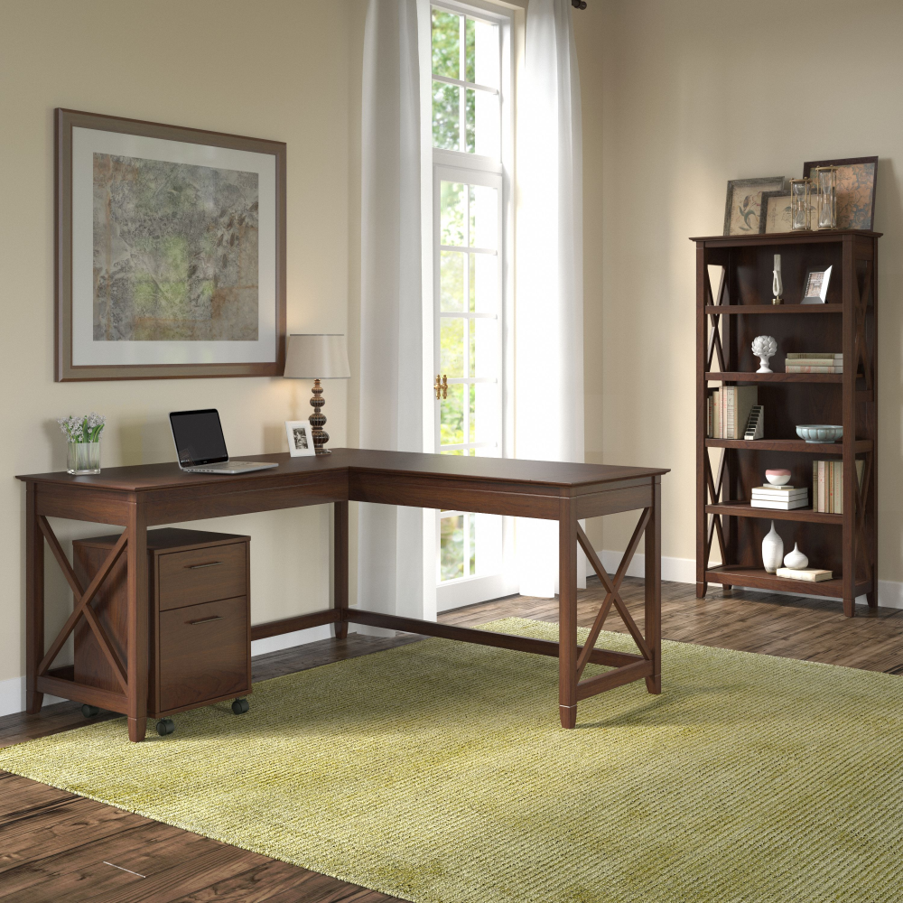 Shop Bush Furniture Key West 60W L Shaped Desk with 2 Drawer Mobile File Cabinet and 5 Shelf Bookcase, Image 02, KWS016BC, #color_bing cherry