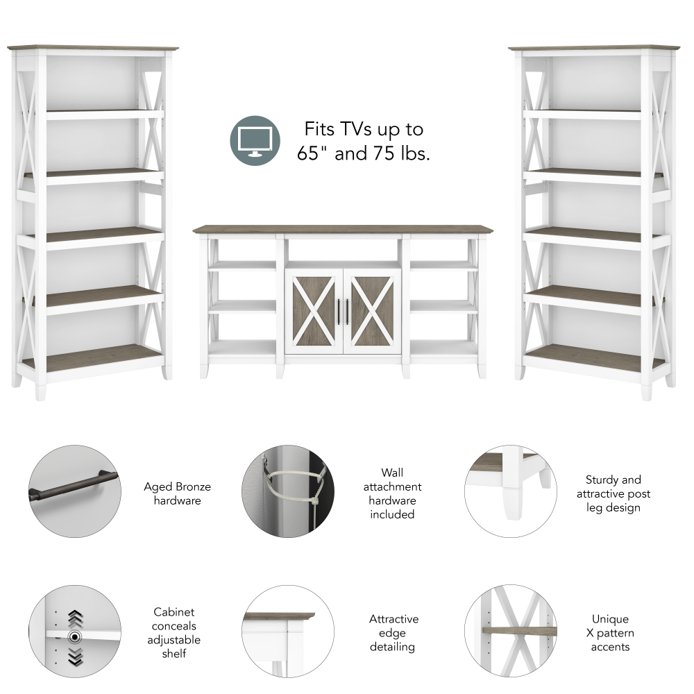 Shop Bush Furniture Key West Tall TV Stand with Set of 2 Bookcases, Image 06, KWS027G2W, #color_shiplap gray/pure white