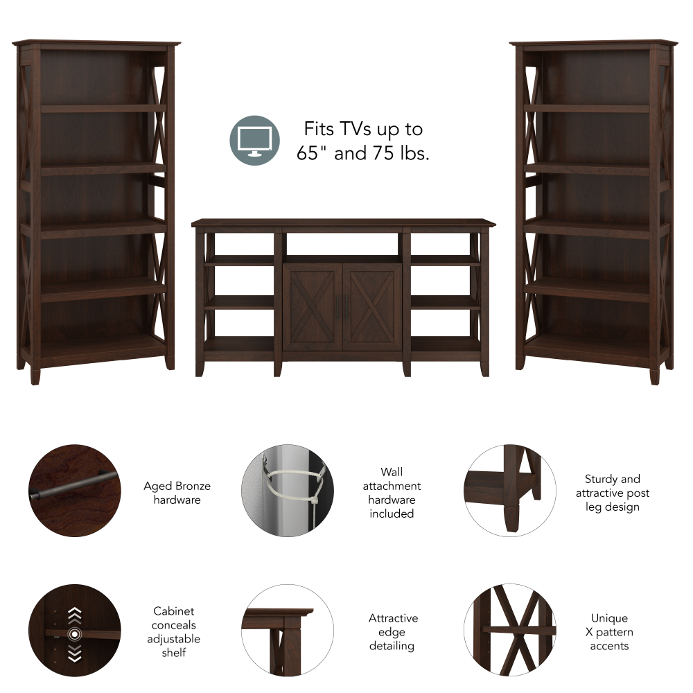Shop Bush Furniture Key West Tall TV Stand with Set of 2 Bookcases, Image 06, KWS027BC, #color_bing cherry