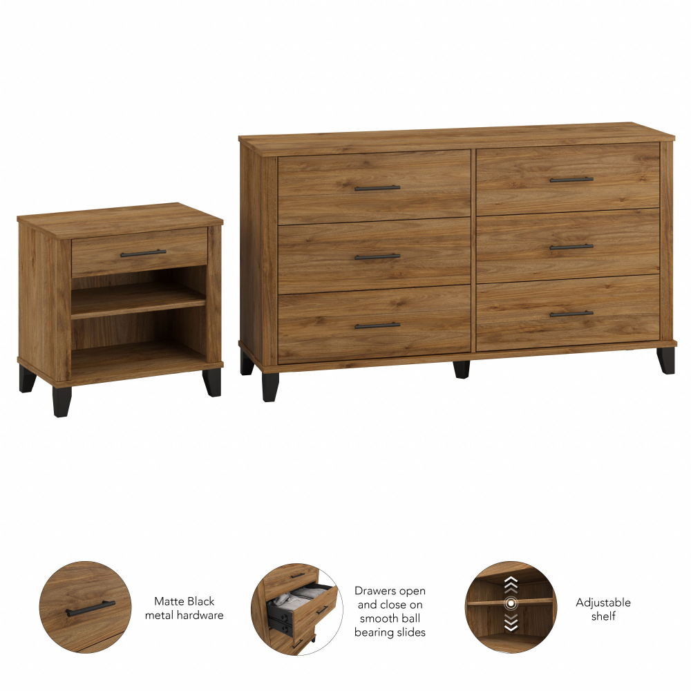 Shop Bush Furniture Somerset 6 Drawer Dresser and Nightstand Set, Image 07, SET035FW, #color_fresh walnut