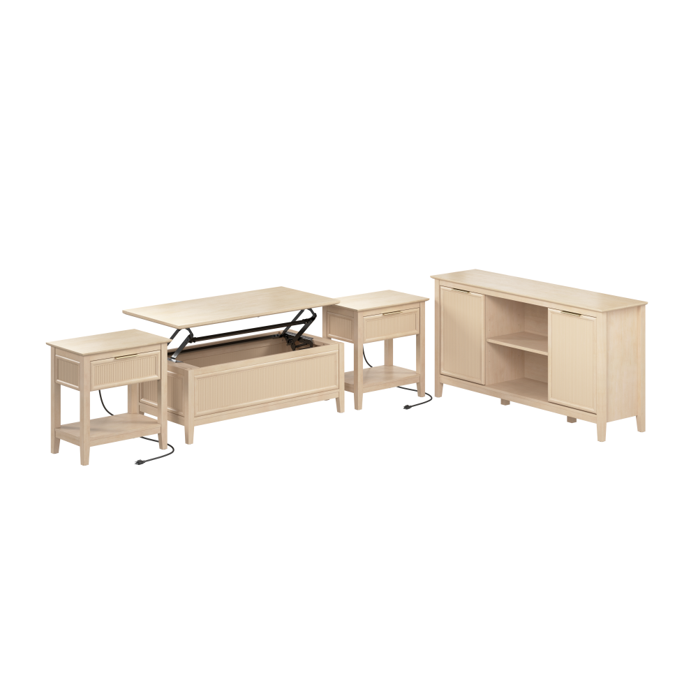 Shop Bush Home Camille Fluted TV Stand, Lift Top Coffee Table, and 2 End Tables Set, Image 01, CML005NB, #color_natural birch