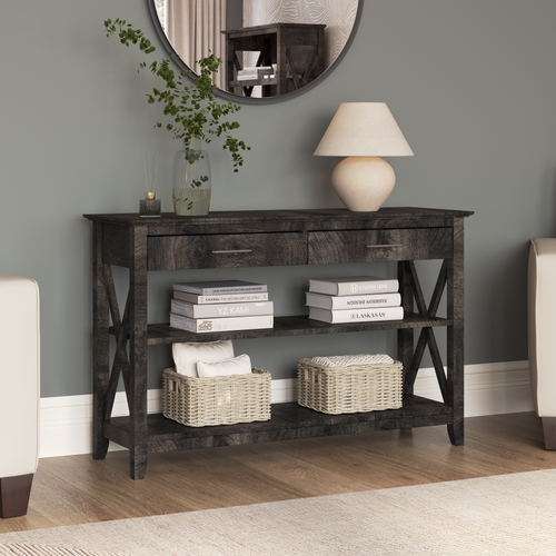 Shop Bush Furniture Key West Console Table with Drawers and Shelves, Image 02, KWT248GH-03, #color_dark gray hickory