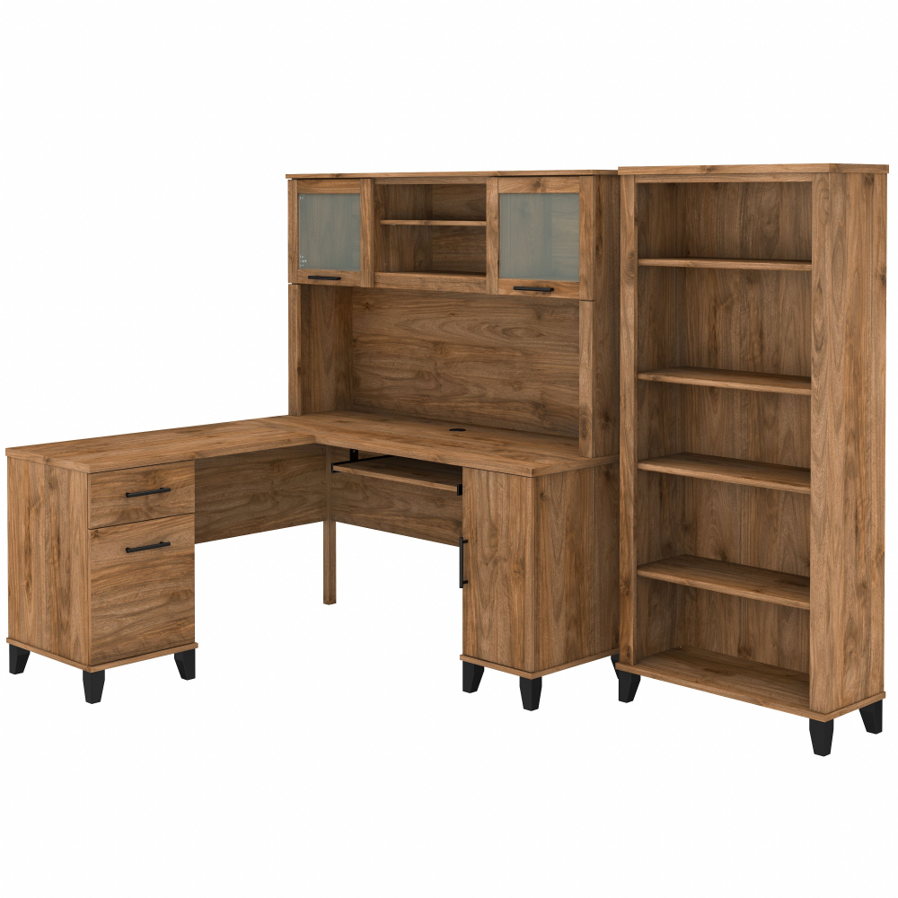 Shop Bush Furniture Somerset 60W L Shaped Desk with Hutch and 5 Shelf Bookcase, Image 01, SET010FW, #color_fresh walnut