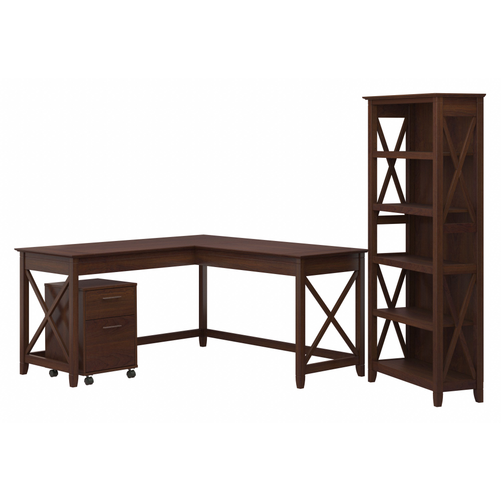 Shop Bush Furniture Key West 60W L Shaped Desk with 2 Drawer Mobile File Cabinet and 5 Shelf Bookcase, Image 01, KWS016BC, #color_bing cherry