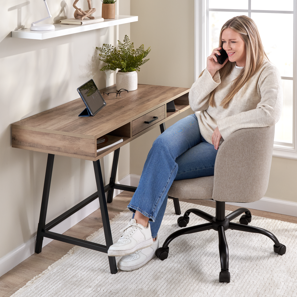Shop Bush Furniture Steele 40W Small Writing Desk and Chair Set for Home Office, Image 03, STE001RCP, #color_reclaimed pine/beige fabric