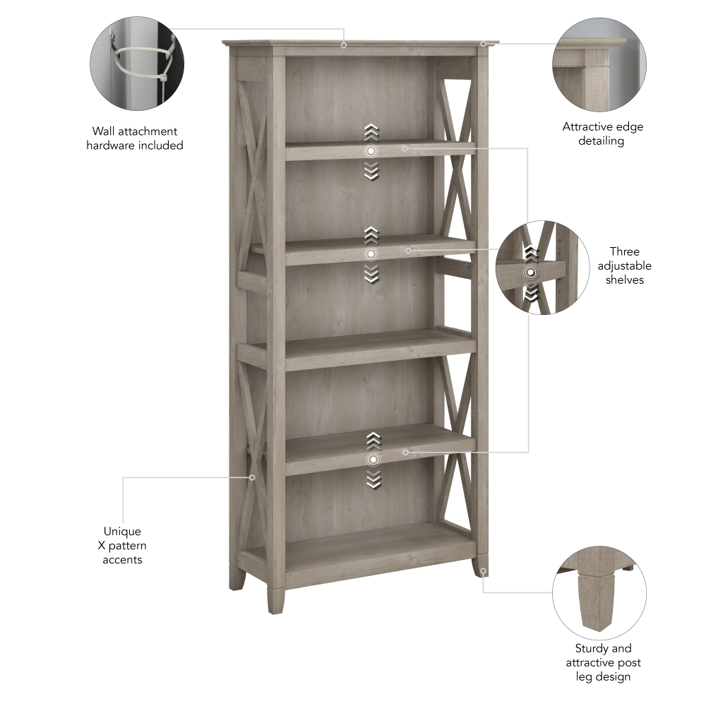 Shop Bush Furniture Key West 5 Shelf Bookcase Set, Image 06, KWS046WG, #color_washed gray