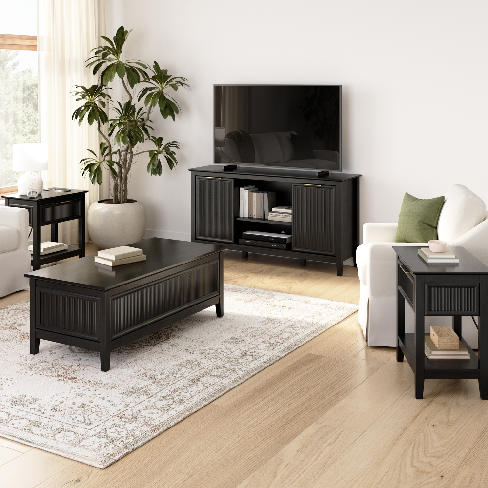 Shop Bush Home Camille Fluted TV Stand, Lift Top Coffee Table, and 2 End Tables Set, Image 02, CML005OB, #color_onyx birch