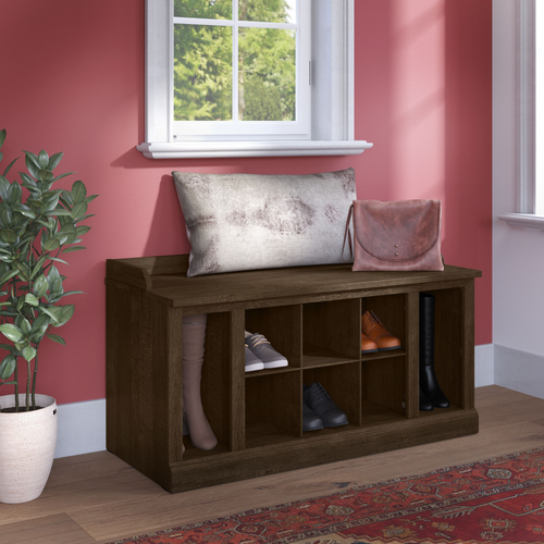 Shop Bush Furniture Woodland 40W Shoe Storage Bench with Shelves, Image 02, WDS240ABR-03, #color_ash brown