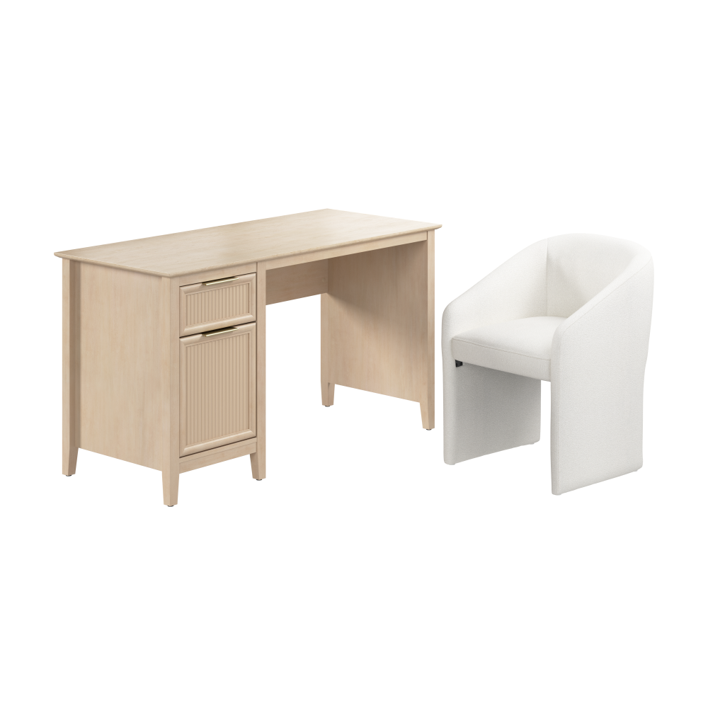 Shop Bush Home Camille 54W Fluted Office Desk with Storage and Mid Back Barrel Office Chair, Image 01, CML007NB, #color_natural birch/light cream fabric