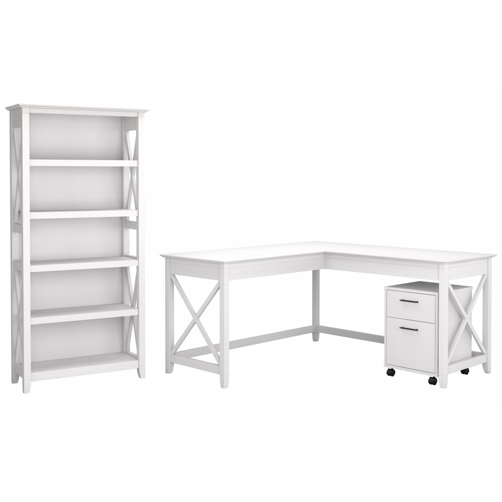 Shop Bush Furniture Key West 60W L Shaped Desk with 2 Drawer Mobile File Cabinet and 5 Shelf Bookcase, Image 01, KWS016WT, #color_pure white oak
