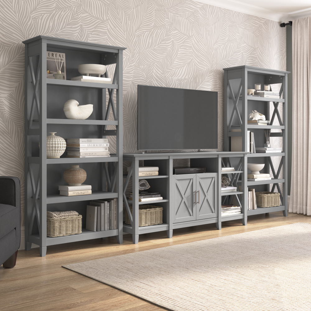 Shop Bush Furniture Key West Tall TV Stand with Set of 2 Bookcases, Image 02, KWS027CG, #color_cape cod gray