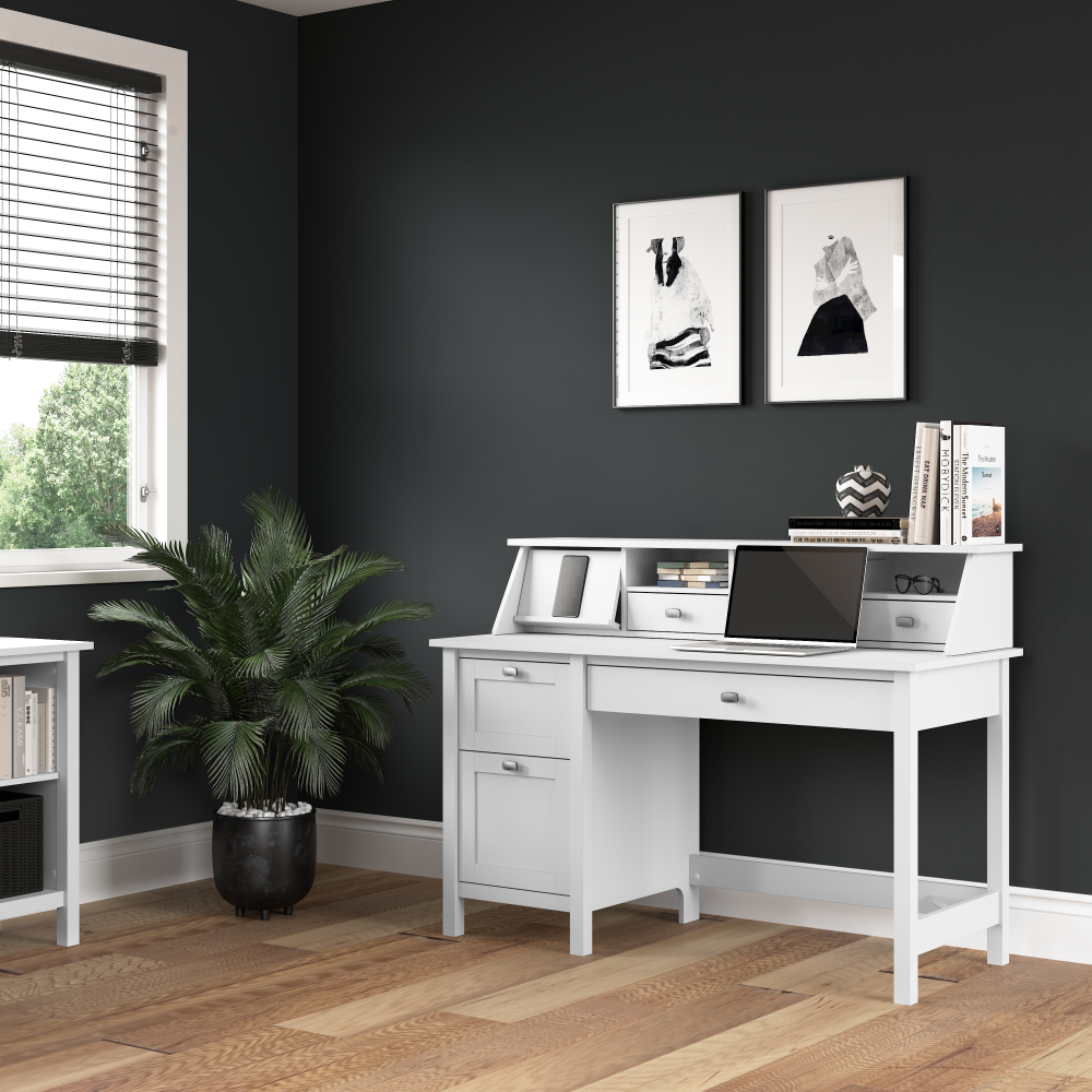 Shop Bush Furniture Broadview 54W Computer Desk with Drawers and Desktop Organizer, Image 02, BD005WH, #color_pure white