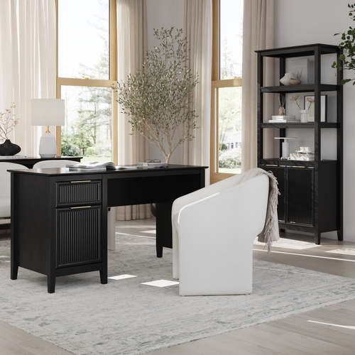 Shop Bush Home Camille 54W Fluted Office Desk with Storage and 5 Shelf Bookcase with Doors, Image 02, CML006OB, #color_onyx birch