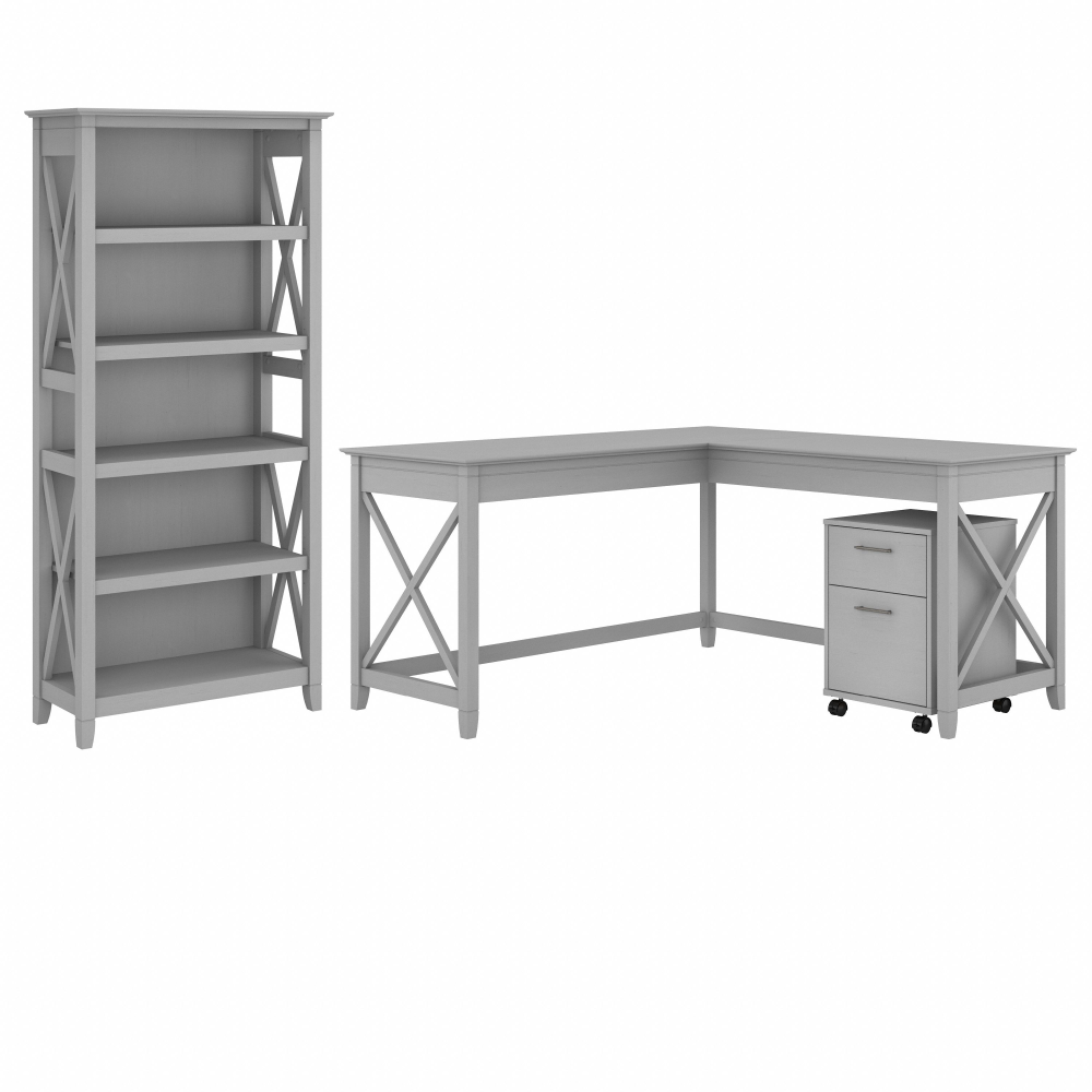 Shop Bush Furniture Key West 60W L Shaped Desk with 2 Drawer Mobile File Cabinet and 5 Shelf Bookcase, Image 01, KWS016CG, #color_cape cod gray