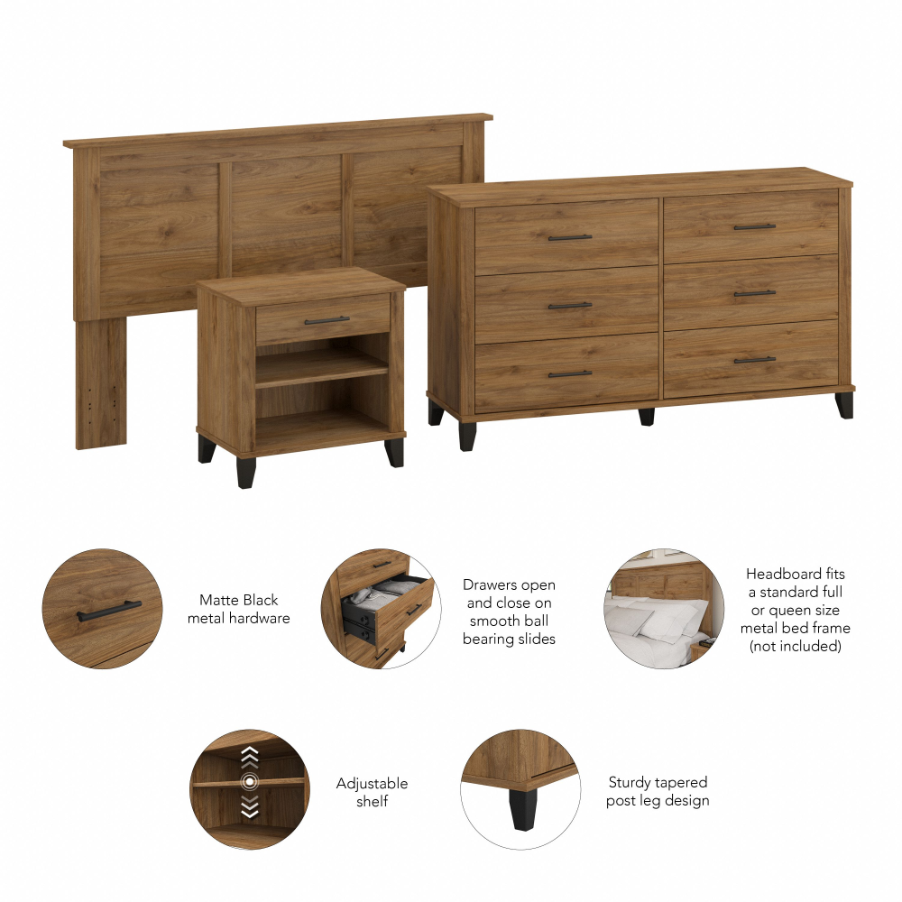 Shop Bush Furniture Somerset Full/Queen Size Headboard, Dresser and Nightstand Bedroom Set, Image 07, SET003FW, #color_fresh walnut