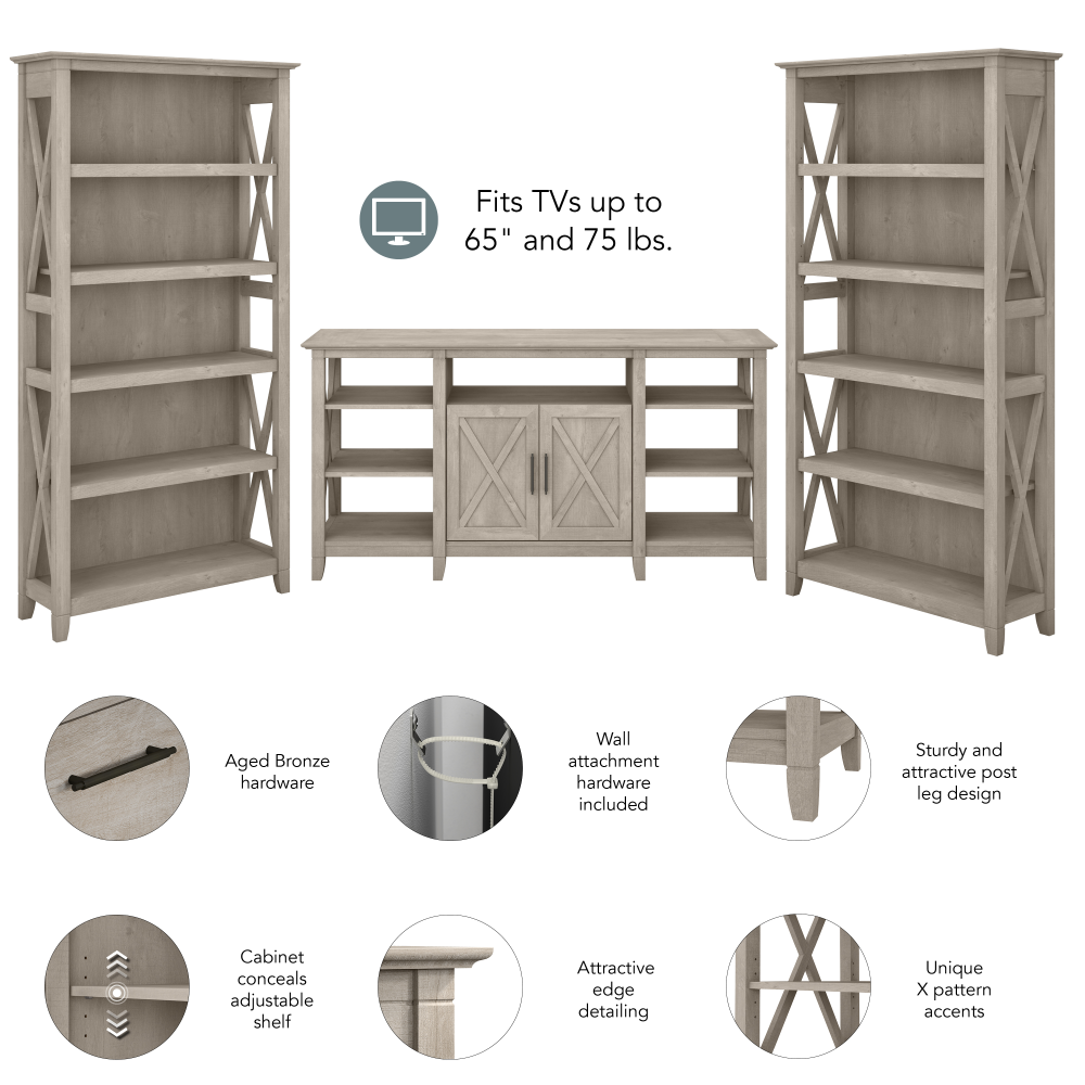 Shop Bush Furniture Key West Tall TV Stand with Set of 2 Bookcases, Image 06, KWS027WG, #color_washed gray