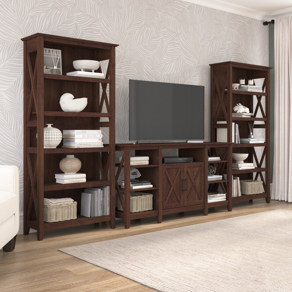 Shop Bush Furniture Key West Tall TV Stand with Set of 2 Bookcases, Image 02, KWS027BC, #color_bing cherry