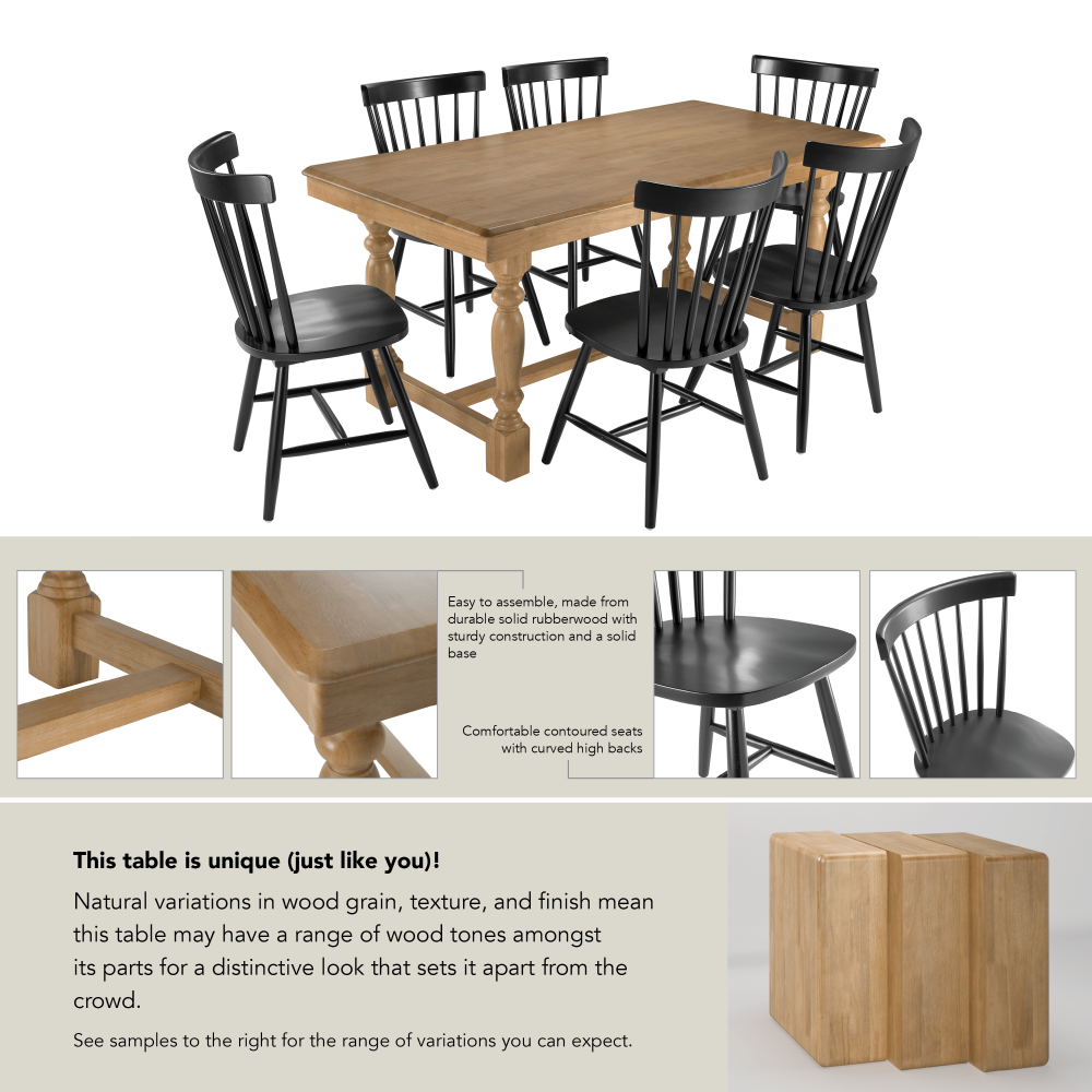 Shop Bush Furniture Sterling 67W Squire Trestle Dining Table with 6 High Back Spindle Dining Chairs, Image 06, STL002NHS, #color_natural honey brown/black paint