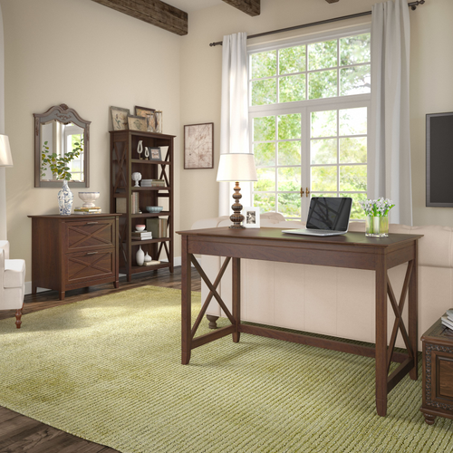 Shop Bush Furniture Key West 48W Writing Desk with 2 Drawer Lateral File Cabinet and 5 Shelf Bookcase, Image 02, KWS004BC, #color_bing cherry