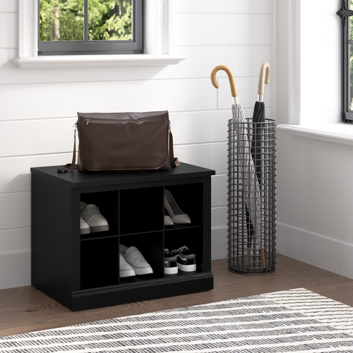 Shop Bush Furniture Woodland 24W Small Shoe Bench with Shelves, Image 02, WDS224BS-03, #color_black suede oak