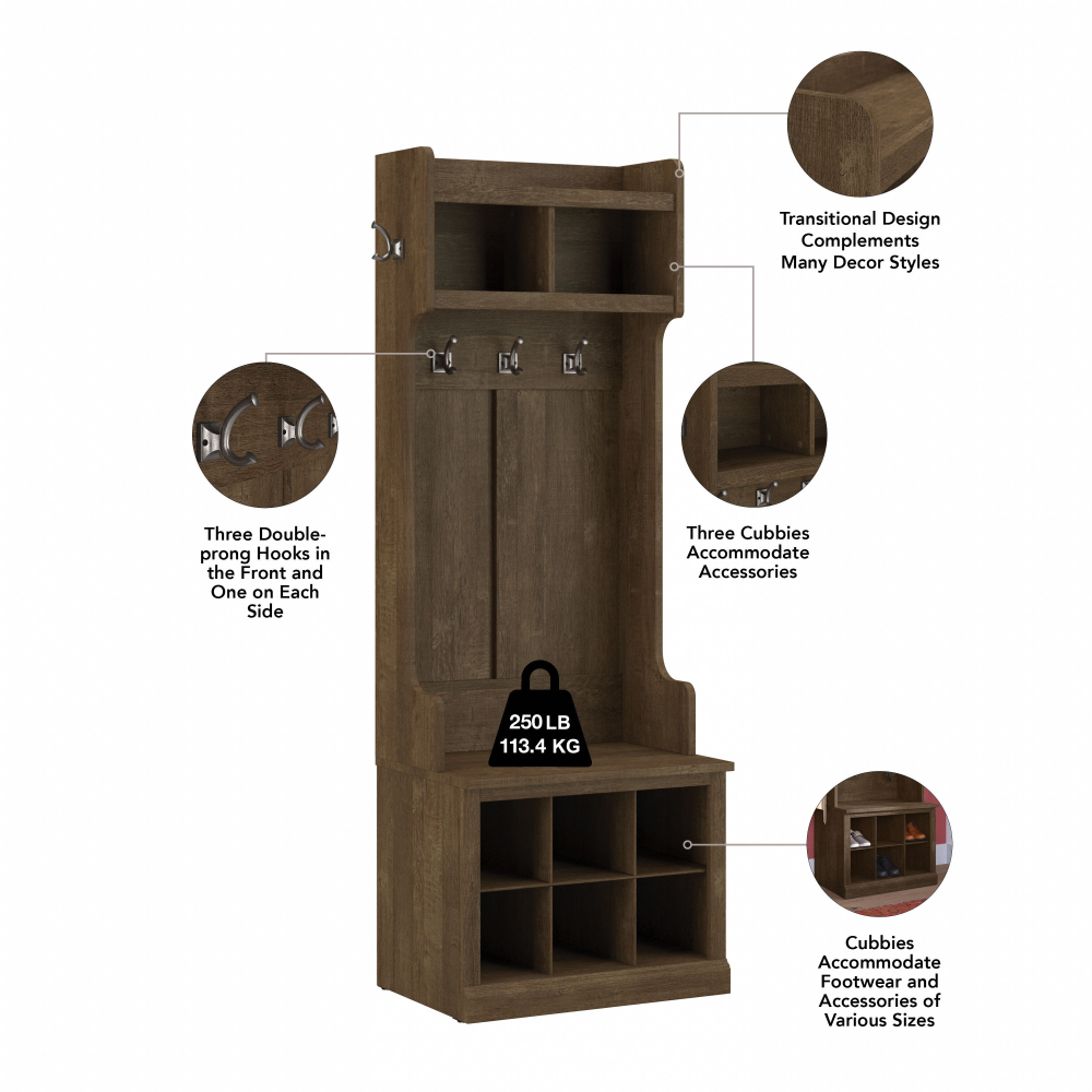 Shop Bush Furniture Woodland Full Entryway Storage Set with Coat Rack and Shoe Bench with Doors, Image 06, WDL013ABR, #color_ash brown