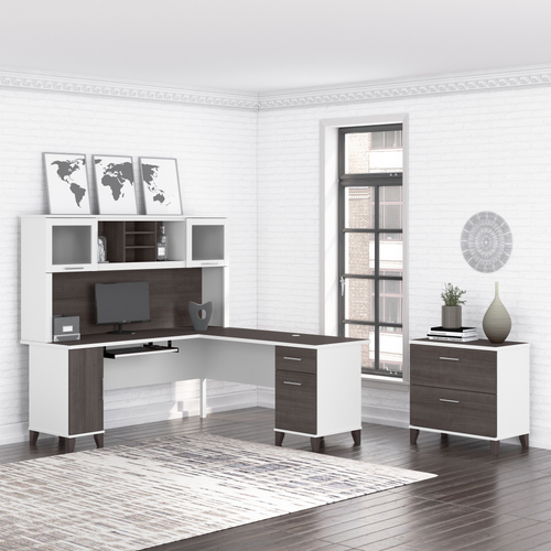 Shop Bush Furniture Somerset 72W L Shaped Desk with Hutch and Lateral File Cabinet, Image 02, SET009SGWH, #color_storm gray/white