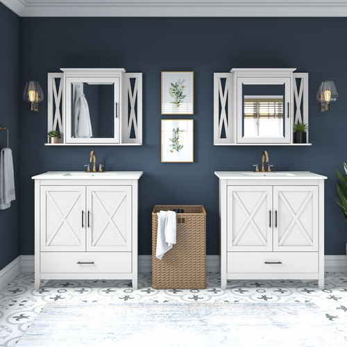 Shop Bush Furniture Key West 64W Double Vanity Set with Sinks and Medicine Cabinets, Image 02, KWS042WAS, #color_white ash