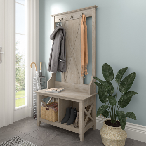 Shop Bush Furniture Key West Hall Tree with Shoe Storage Bench, Image 02, KWS166WG-03, #color_washed gray