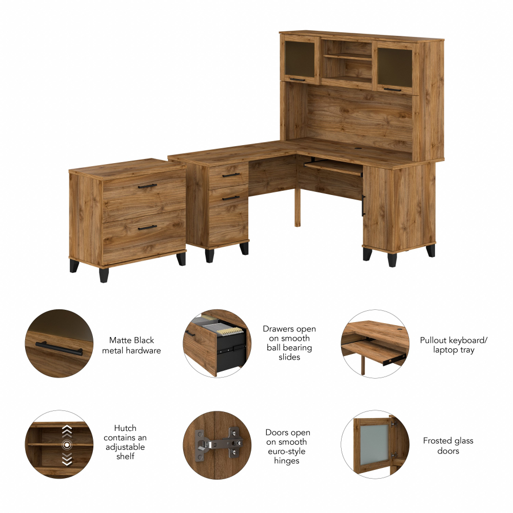 Shop Bush Furniture Somerset 60W L Shaped Desk with Hutch and Lateral File Cabinet, Image 07, SET008FW, #color_fresh walnut