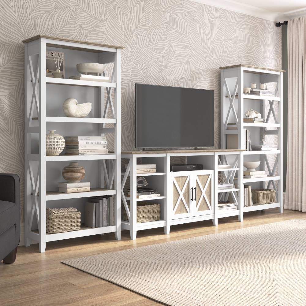 Shop Bush Furniture Key West Tall TV Stand with Set of 2 Bookcases, Image 02, KWS027G2W, #color_shiplap gray/pure white