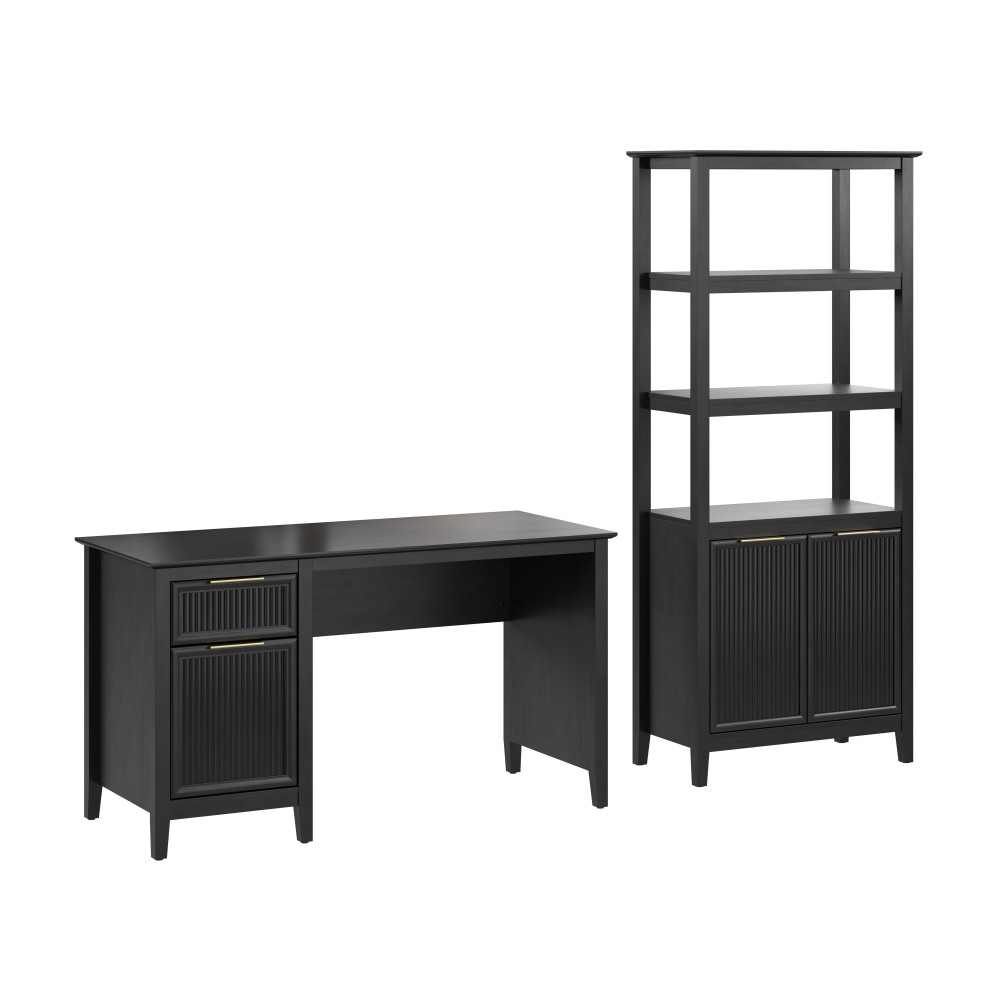 Shop Bush Home Camille 54W Fluted Office Desk with Storage and 5 Shelf Bookcase with Doors, Image 01, CML006OB, #color_onyx birch