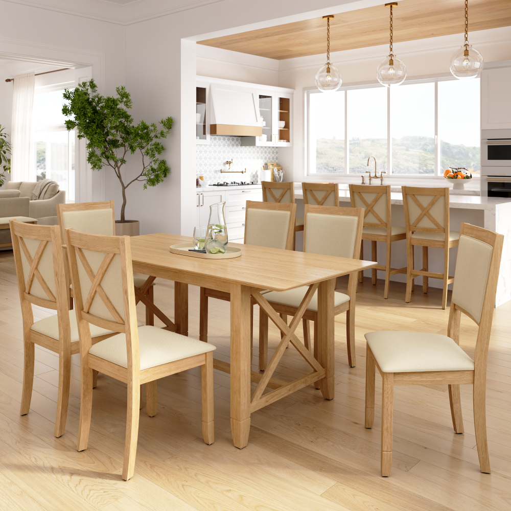 Shop Bush Home Key West 70W Cross Base Dining Table with 6 Upholstered Cross Back Chairs, Image 02, KWS113BO, #color_blonde oak/bright beige