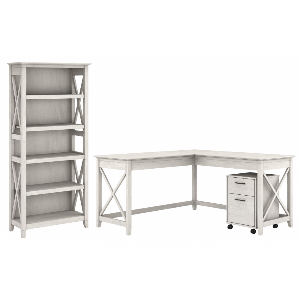 Shop Bush Furniture Key West 60W L Shaped Desk with 2 Drawer Mobile File Cabinet and 5 Shelf Bookcase, Image 01, KWS016LW, #color_linen white oak