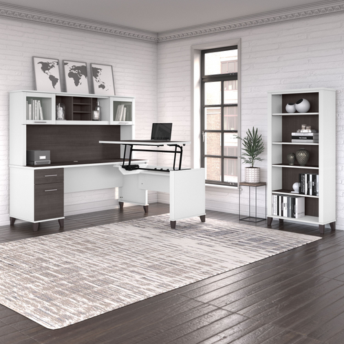 Shop Bush Furniture Somerset 72W 3 Position Sit to Stand L Shaped Desk with Hutch and Bookcase, Image 02, SET017SGWH, #color_storm gray/white